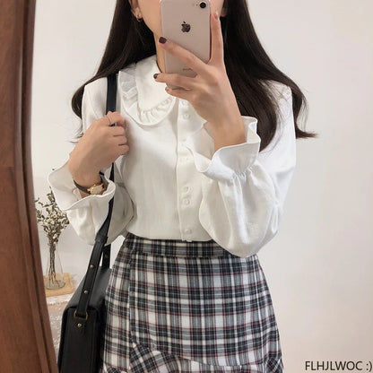 Cralom Flare Sleeve Peter Pan Collar Ruffles White Button Shirt