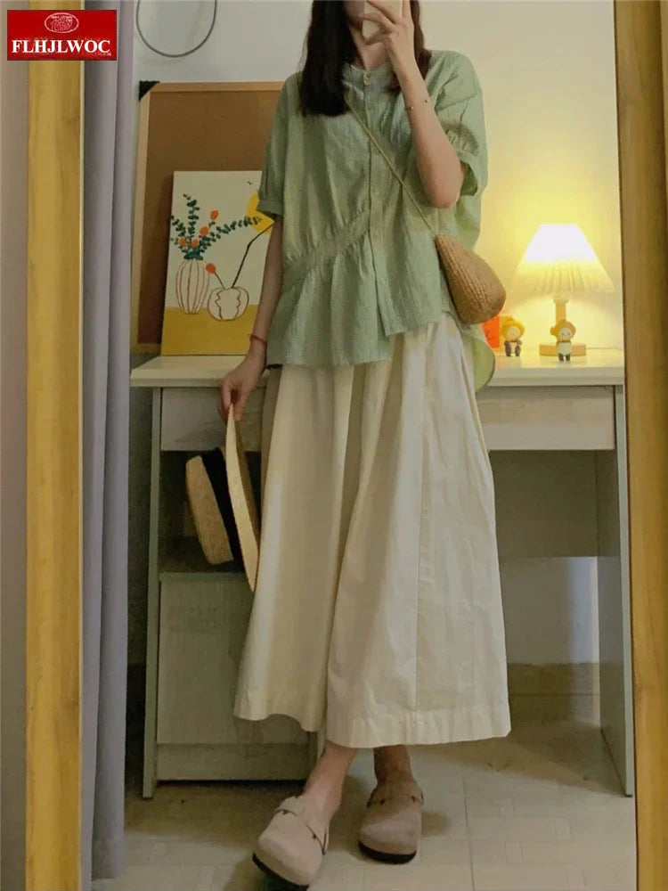 Cralom Retro Vintage Plaid Green Button Blouse Summer Casual Short Sleeve