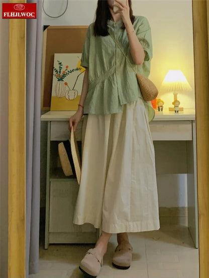 Cralom Retro Vintage Plaid Green Button Blouse Summer Casual Short Sleeve