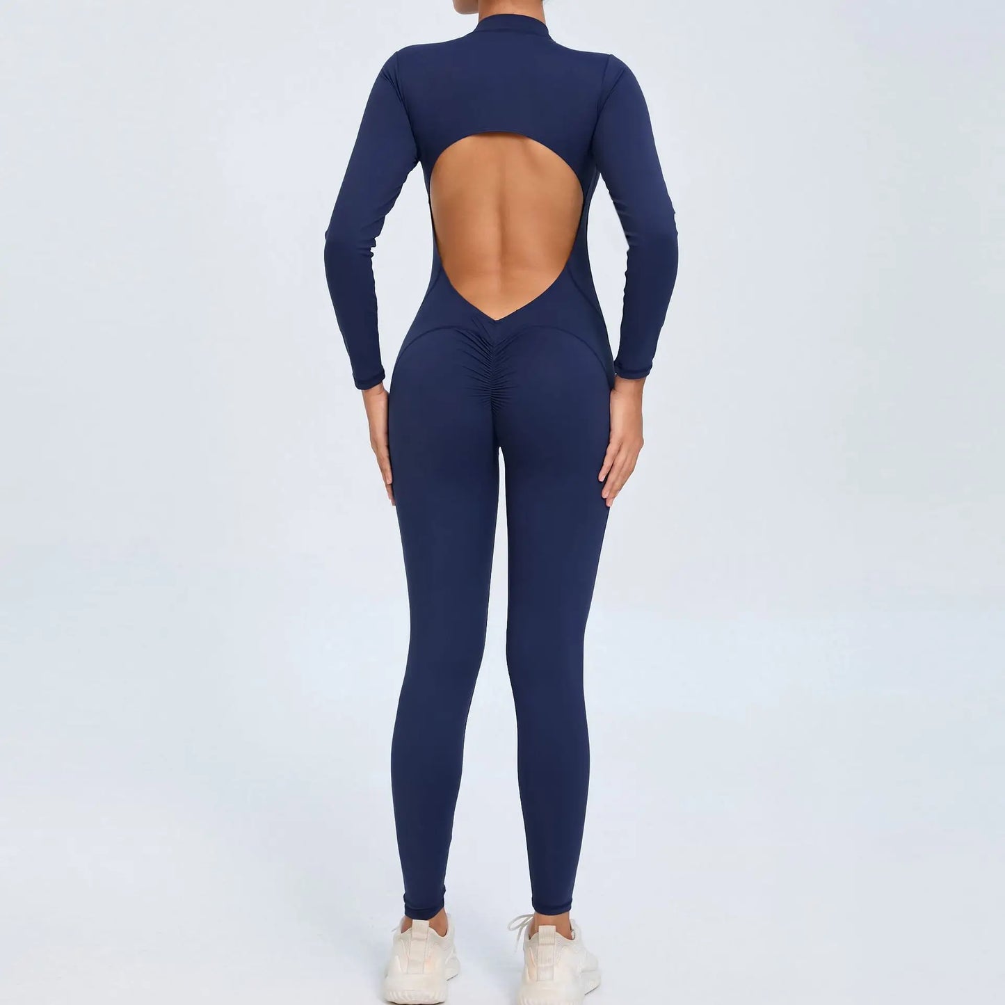 Cralom Seamless Long Sleeve Yoga Bodysuit with Back Cutout & Zipper