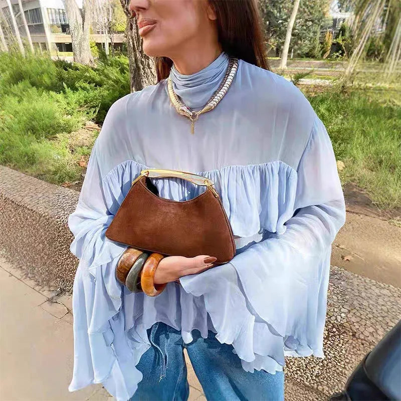 Cralom Chiffon Ruffle Shirt: Flare Sleeve Solid Blouse 2025 Spring Summer Streetwear