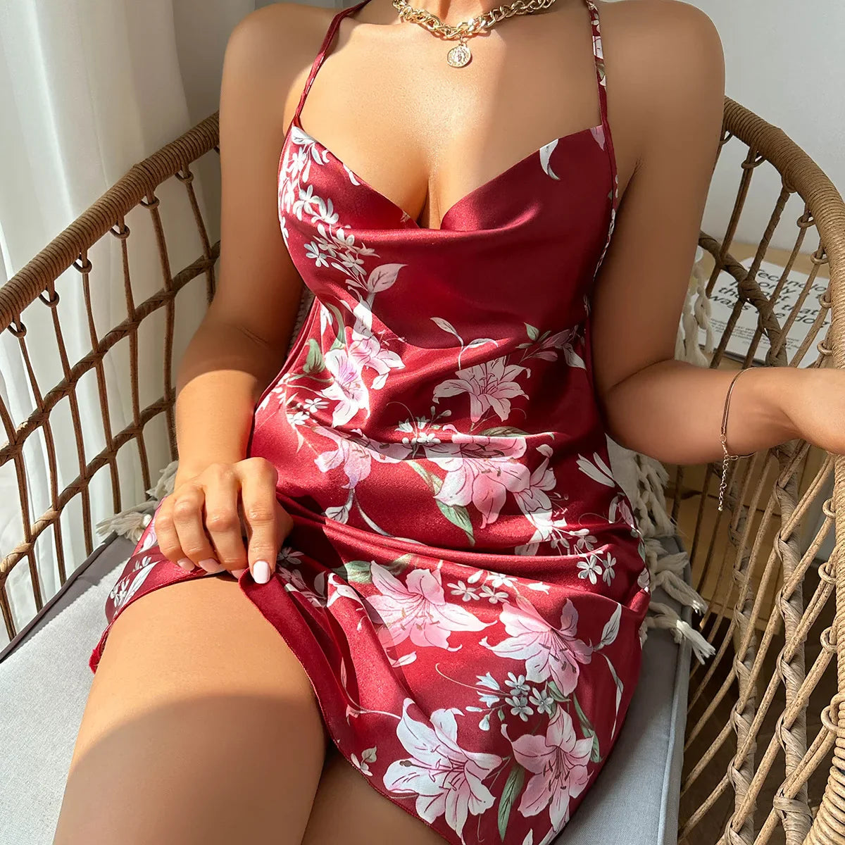 Cralom Thin Ice Silk Nightgown Set, Backless Camisole Skirt, Sexy Women's Lingerie