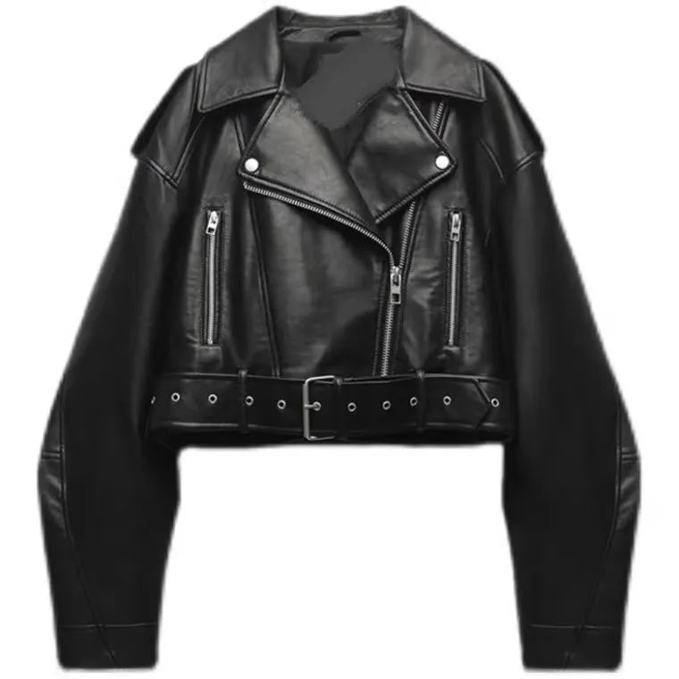 Cralom Oversized Vintage Faux Leather Jacket with Belt & Zipper – Retro Moto Biker Coat