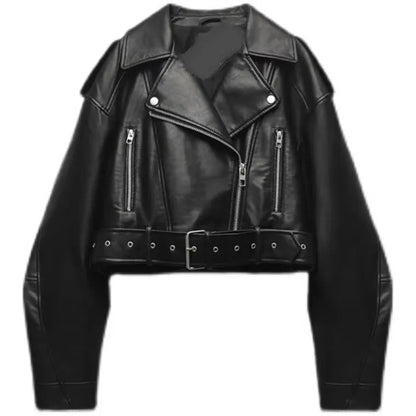 Cralom Oversized Vintage Faux Leather Jacket with Belt & Zipper – Retro Moto Biker Coat