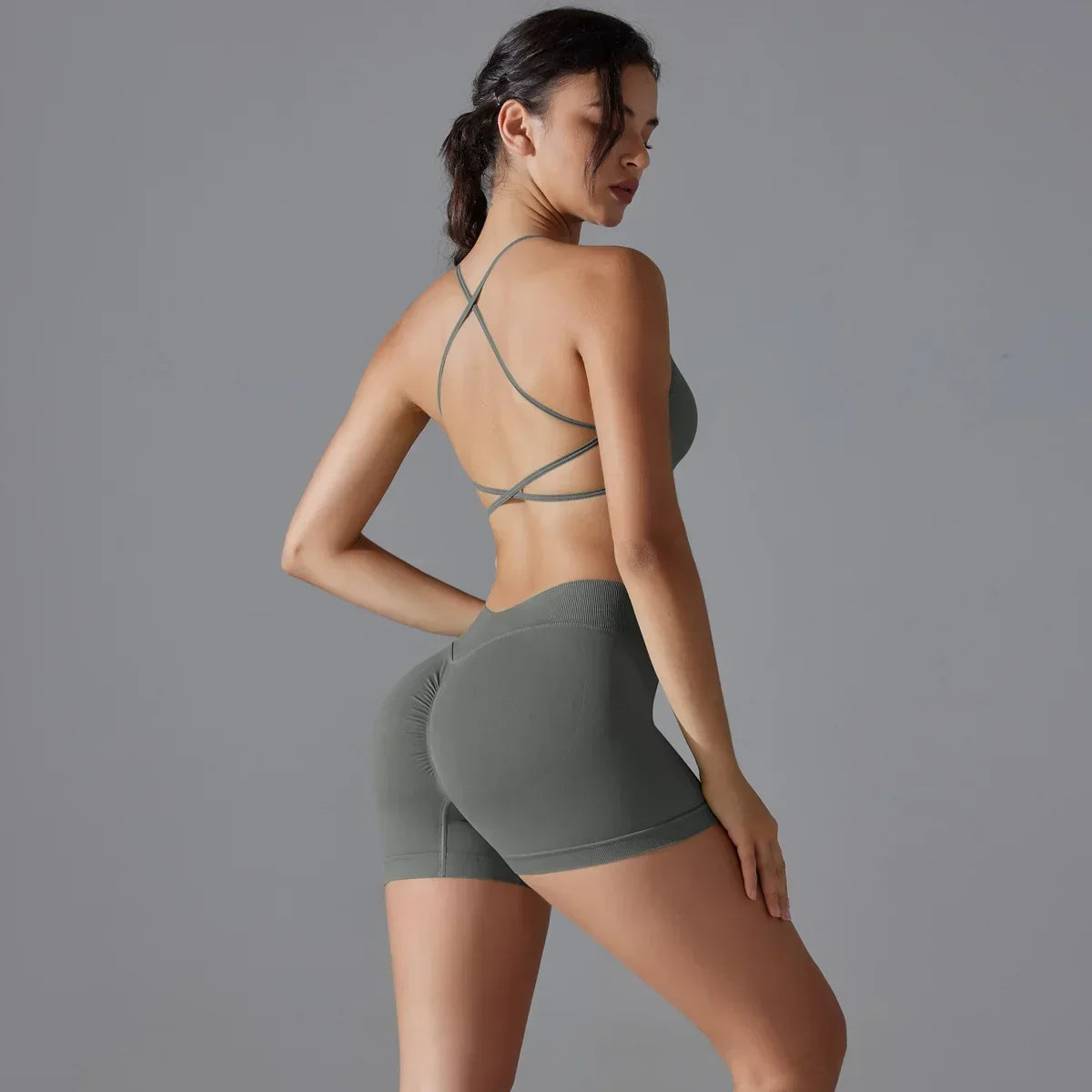 Cralom Women's Seamless Yoga Set - Cross Back Bra & Buttocks Gym Shorts