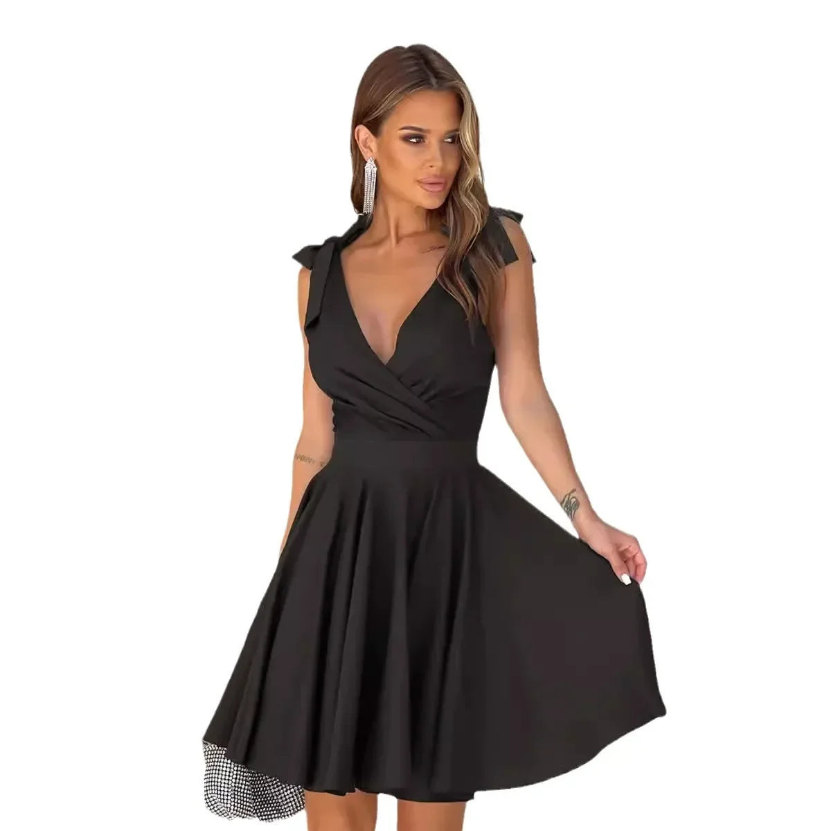 Cralom Deep V-neck Dress with Bow Strap and High Waist - Summer 2024 Collection
