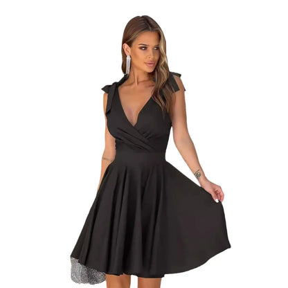 Cralom Deep V-neck Dress with Bow Strap and High Waist - Summer 2024 Collection