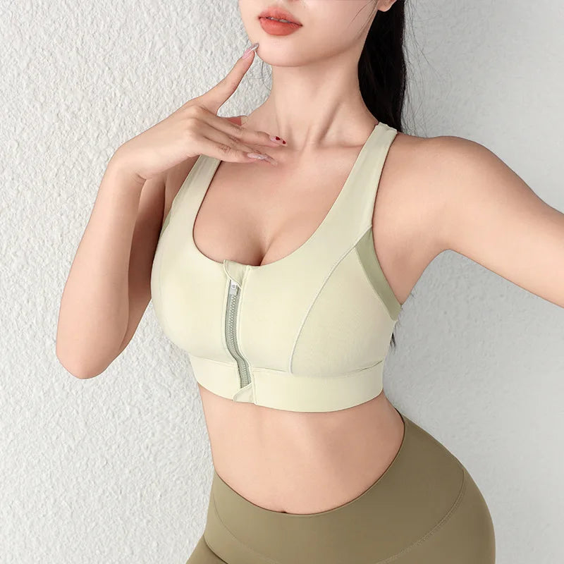 Cralom Front Zip Yoga Bra with Built-in Pads, Racer Back High-impact Support Crop Top