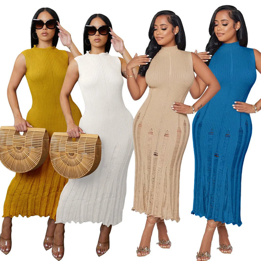 Cralom Women's Sleeveless Knitted Dress Solid Color Beach Long Skirt Summer 2024