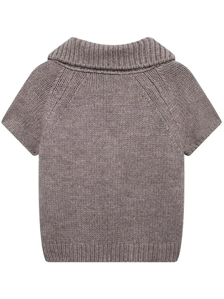 Cralom Vintage Knitted Button Cardigan Sweater for Women Fall Elegant Short Sleeve Knit Top