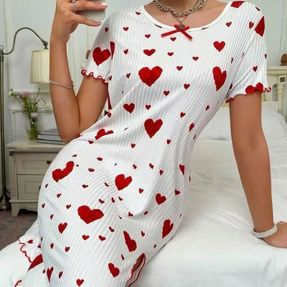 Cralom Heart Print Short-Sleeve Nightgown: Comfy Crew Neck Sleepdress for Summer
