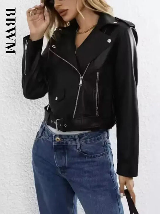 Cralom Faux Leather Lady Jacket Zipper Short Motorcycle Coat