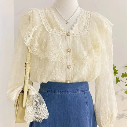 Cralom Elegant Ruffled White Blouse for Women's Office Chicwear