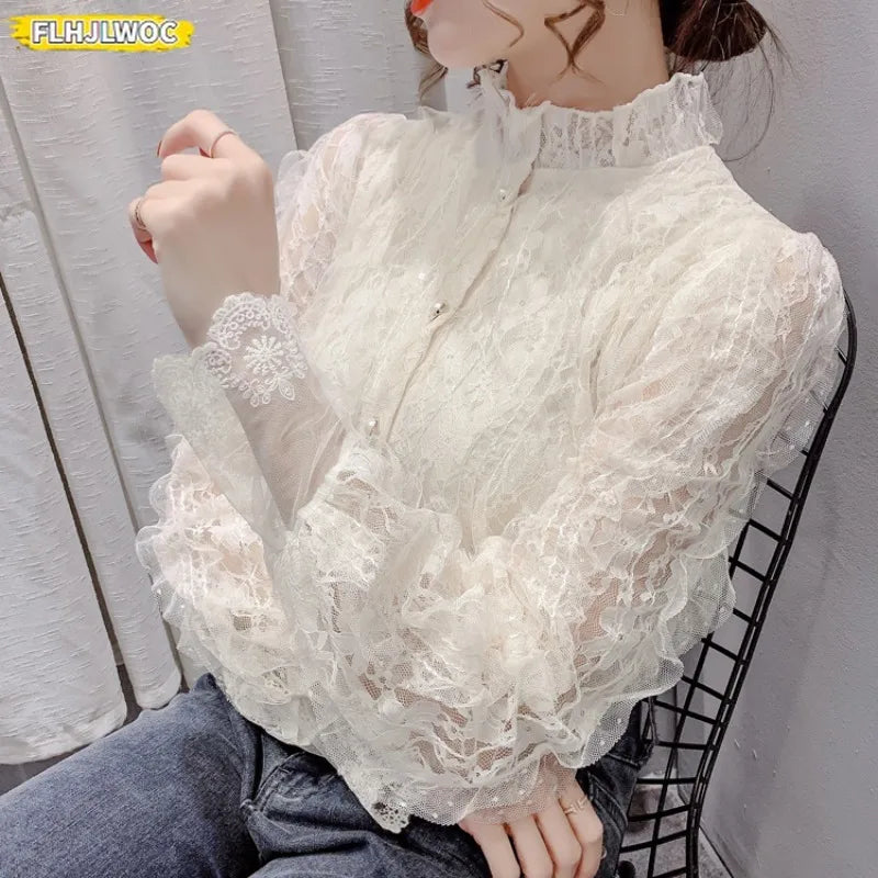 Cralom Women's Lace Ruffled White Turtleneck Blouse Elegant Office Lady Chic Top