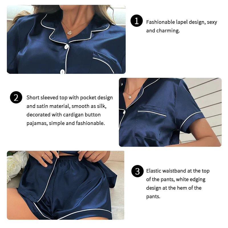 Cralom Silk Satin Pajama Set: Button Down Top & Shorts, Nightwear for Women