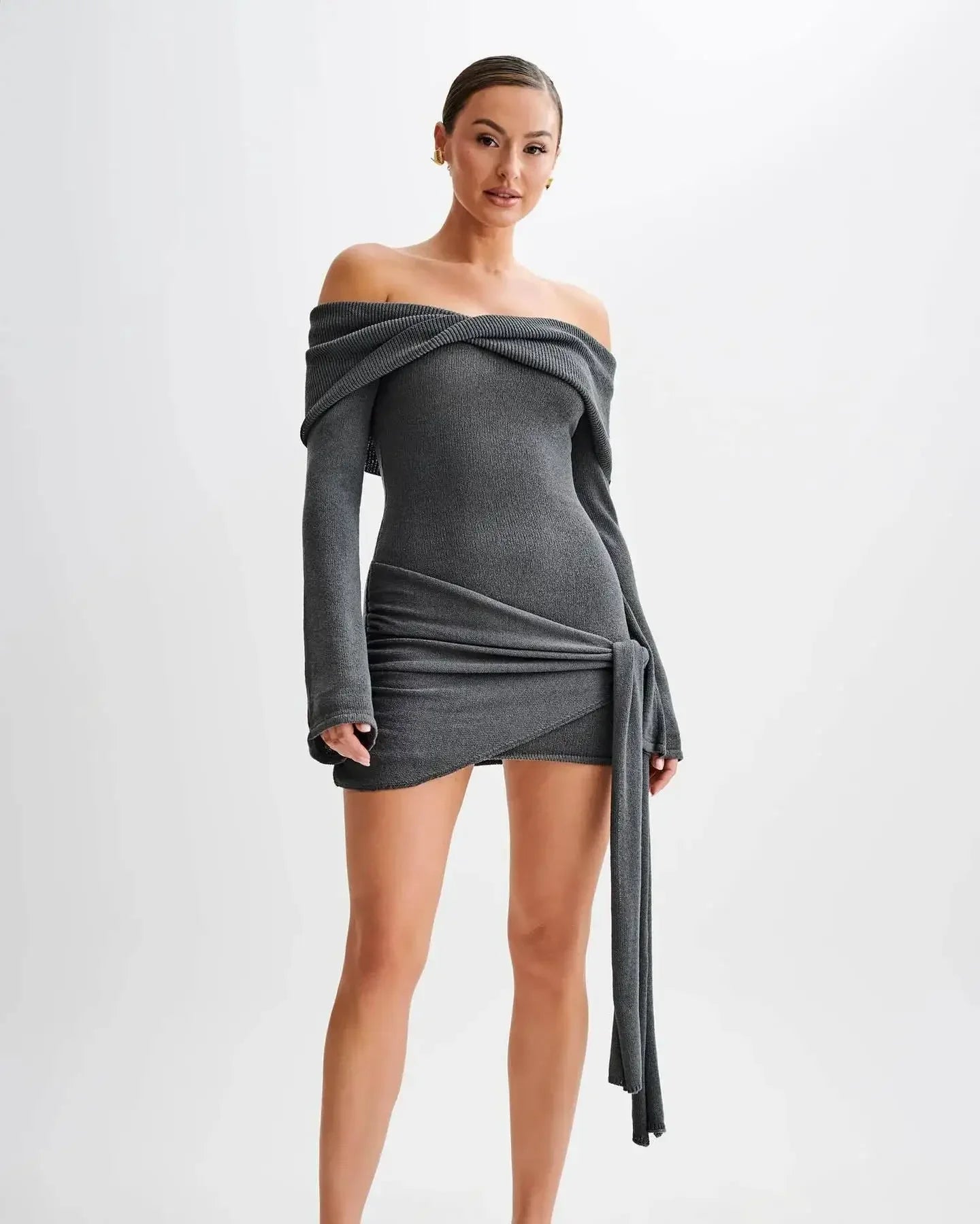Cralom Lace Up Knit Mini Dress for Women: Off Shoulder, Slash Neck, Long Sleeved