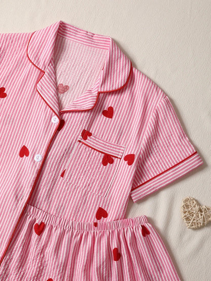 Cralom Pink Heart Print Pajama Set: Short Sleeve Top, Elastic Shorts Homewear