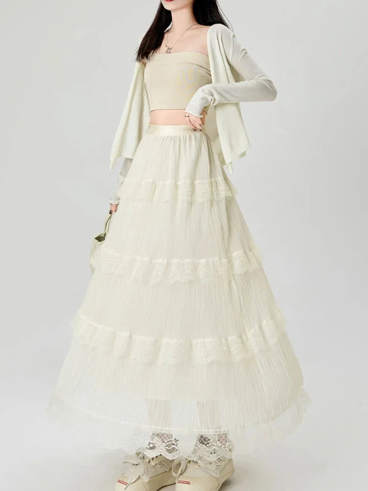 Cralom Lace Spliced A Line High Waist Pleated Skirt 2025 Elegant Summer Fashion