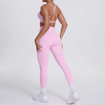 Cralom Seamless Yoga Set: Cross Back Sports Bra & High Waist Booty Lifting Leggings