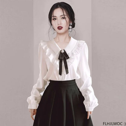 Cralom Ruffled Ribbon Bow Tie Elegant White Blouse