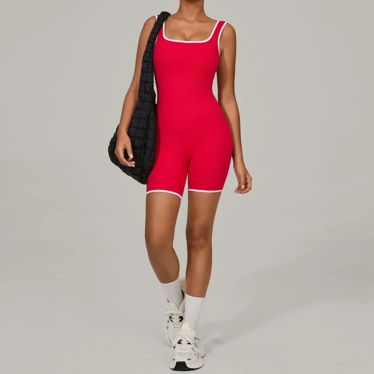 Cralom Color Block Yoga Jumpsuit: Wide Collar Backless Bodysuit for Active Women