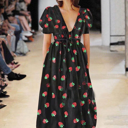 Cralom Strawberry Ruffles Tulle Dress Pink Puff Sleeve Cocktail Party Dress