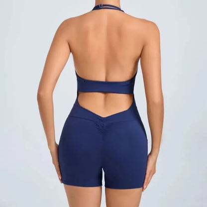 Cralom Backless Yoga Jumpsuit: Nude Fitness One-Piece with Pockets