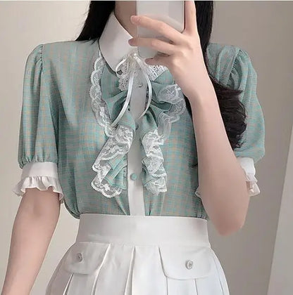 Cralom Ruffled Lace Blouse: Stylish White Button-Down Shirt for Office Ladies