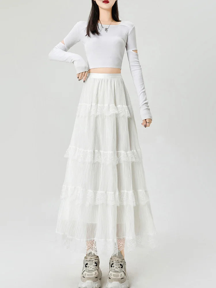 Cralom Lace Spliced A Line High Waist Pleated Skirt 2025 Elegant Summer Fashion