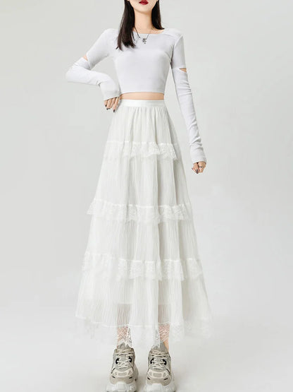 Cralom Lace Spliced A Line High Waist Pleated Skirt 2025 Elegant Summer Fashion