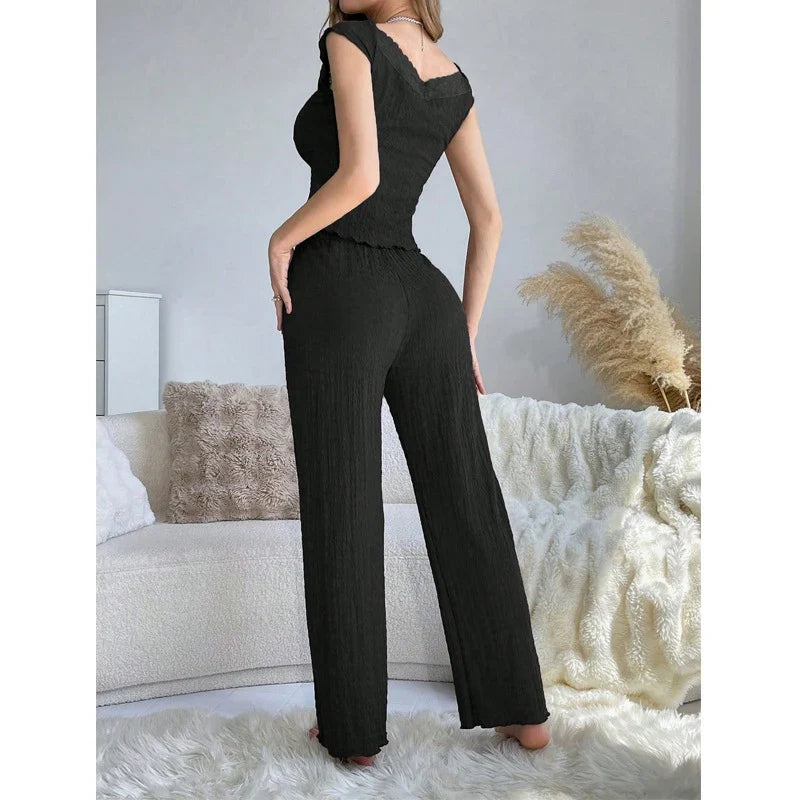 Cralom Short Sleeve V-Neck Top & Comfy Pants Set - Women's Lounge Sleepwear
