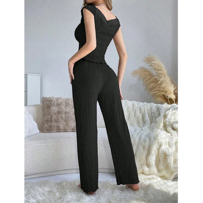 Cralom Short Sleeve V-Neck Top & Comfy Pants Set - Women's Lounge Sleepwear