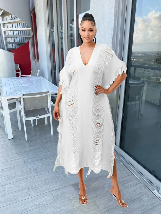 Cralom Women's Tassel Knit Midi Dress Beach Holiday Party Dress