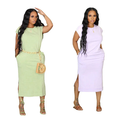 Cralom Summer 2025 Solid Color Slit Dress Casual Fashion Modern Chic TrendyCasual Summer Dress