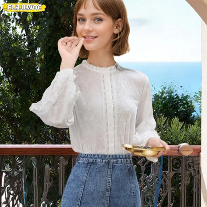 Cralom Embroidery Tops: 2025 New Sweet Long Sleeve Women's Cotton Shirt