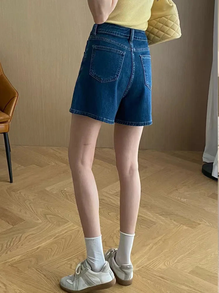 Cralom Vintage Denim Shorts High Waist Wide Leg Pants