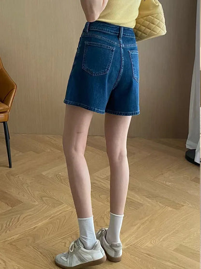 Cralom Vintage Denim Shorts High Waist Wide Leg Pants