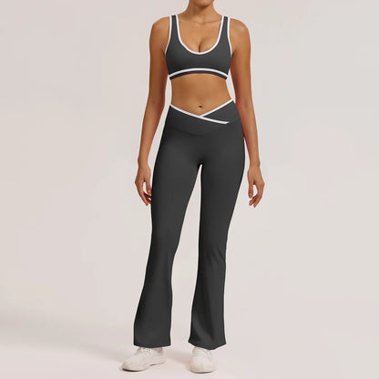 Cralom Seamless Yoga Set: Cross Waistband Pants & Nude Feel Sports Bra for Gym