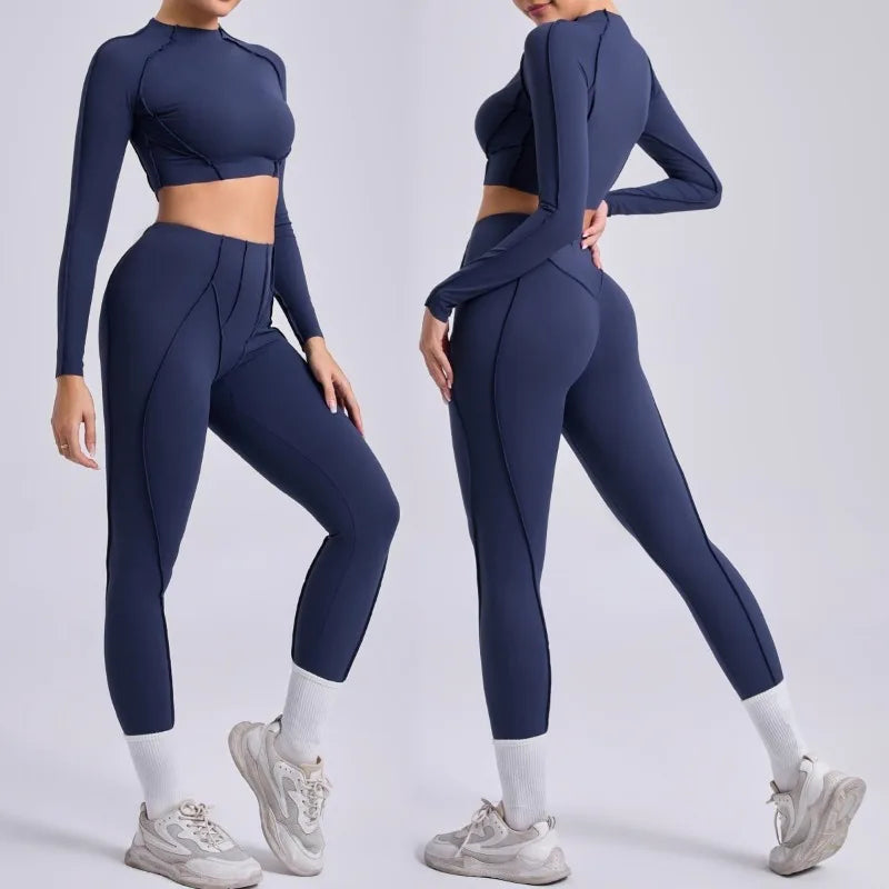Cralom Seamless Yoga Set High Waisted Tummy Control Pleated Hip Lifting Workout Suit