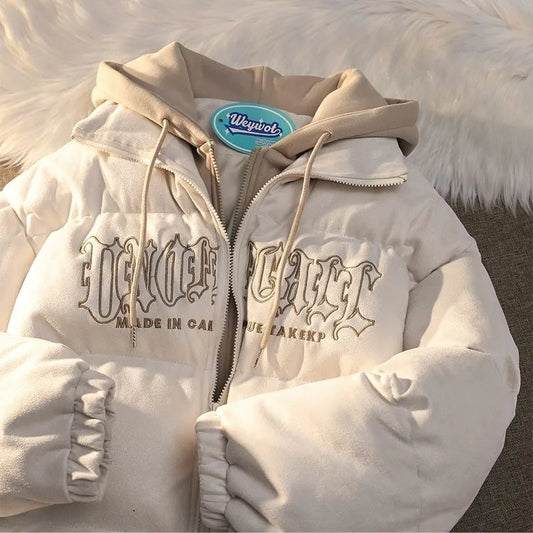 Cralom Fake Two-piece Hooded Bread Coat Y2K Street Fashion Men Women Retro Coat