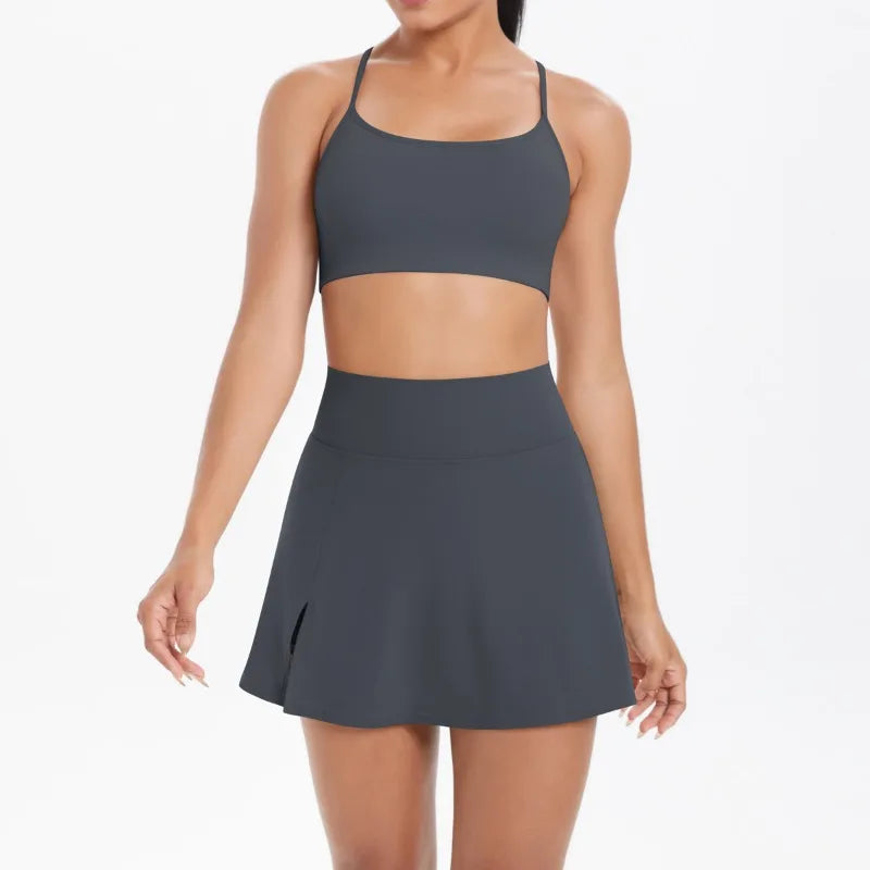Cralom Seamless Brushed Backless Bra & Skirt Set for Yoga, Running & Fitness
