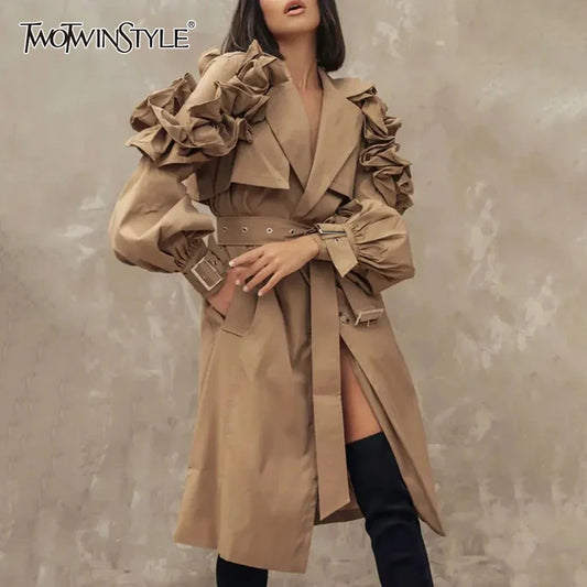Cralom Belted Windcoat: Lapel Lantern Sleeve Trench Coats for Women