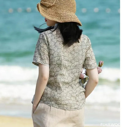 Cralom Vintage Floral Print Button Shirt Slim Waist Retro Design Women Summer Tops