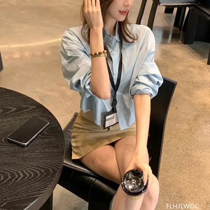Cralom Button Blue Crop Top Blouse - 2025 Office Chic Y2K Design