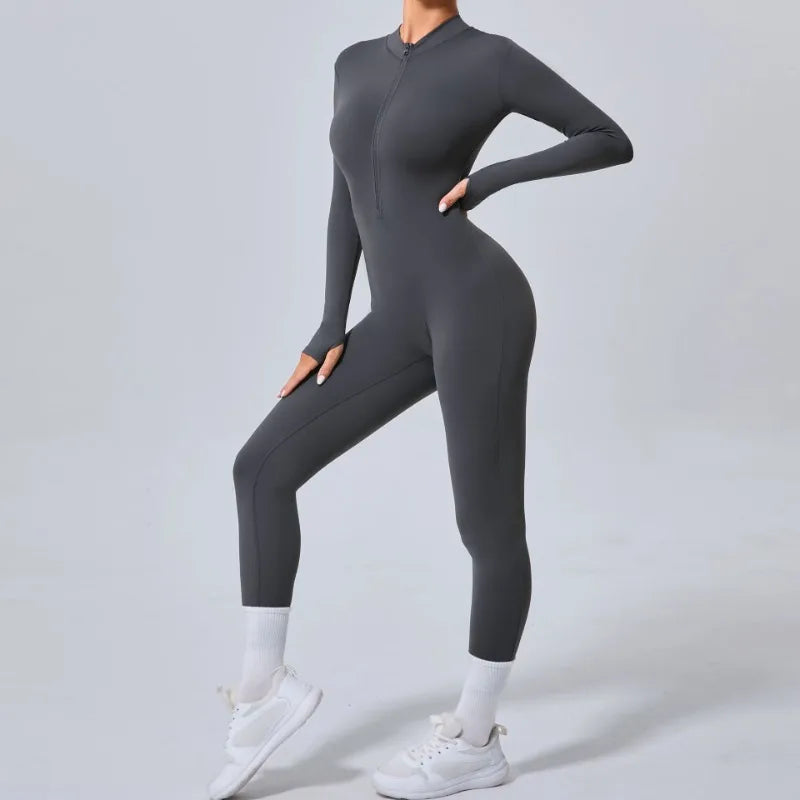 Cralom Seamless Front Zip Yoga Bodysuit, Hip-Lifting Jumpsuit for Fitness & Gym