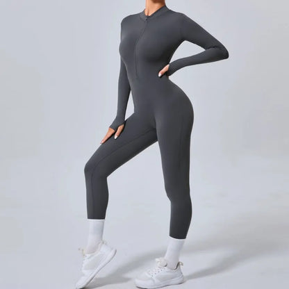 Cralom Seamless Front Zip Yoga Bodysuit, Hip-Lifting Jumpsuit for Fitness & Gym
