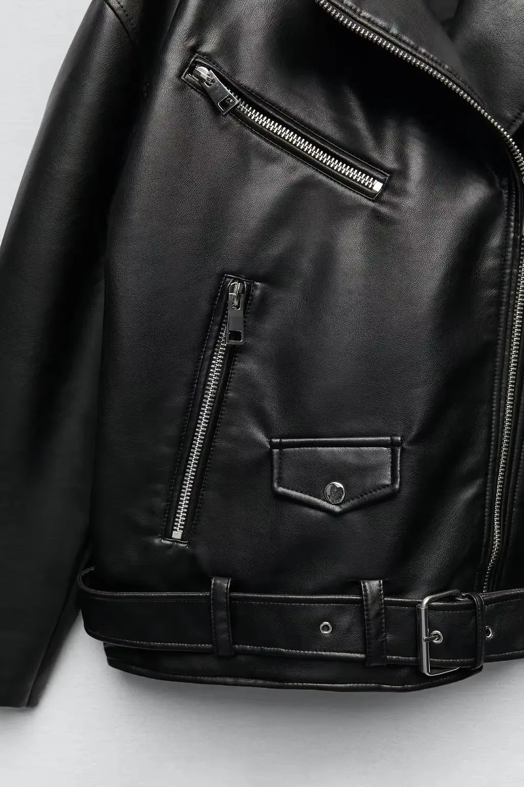 Cralom Black Faux Leather Belted Jacket for Women