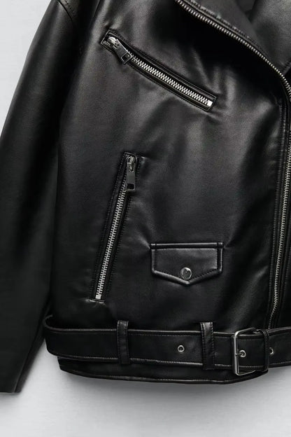 Cralom Black Faux Leather Belted Jacket for Women