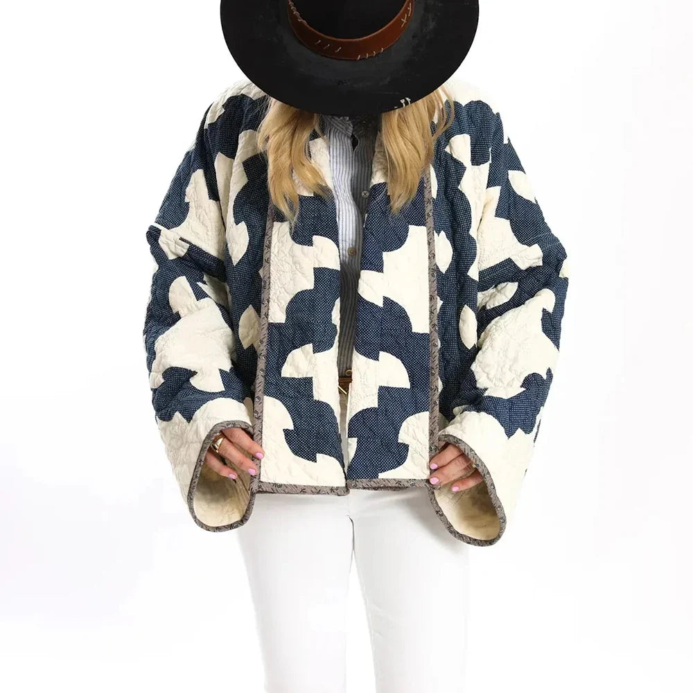 Cralom Lapel Patchwork Coat | Stylish Loose-Fit Jacket for Women