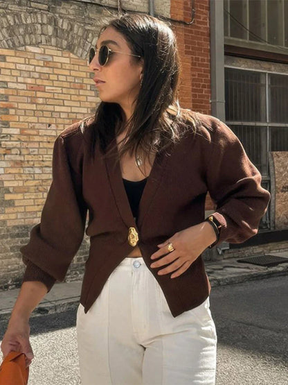 Cralom Deep V-Neck Knitted Cardigan: Elegant Metal Button High Streetwear Top